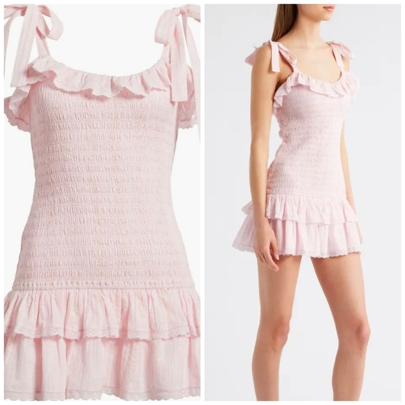 LoveShackFancy Dresses & Skirts - 💕🔹️LoveShackFancy🔹️Sherina Pink Shimmer Cotton Smocked Mini Dress